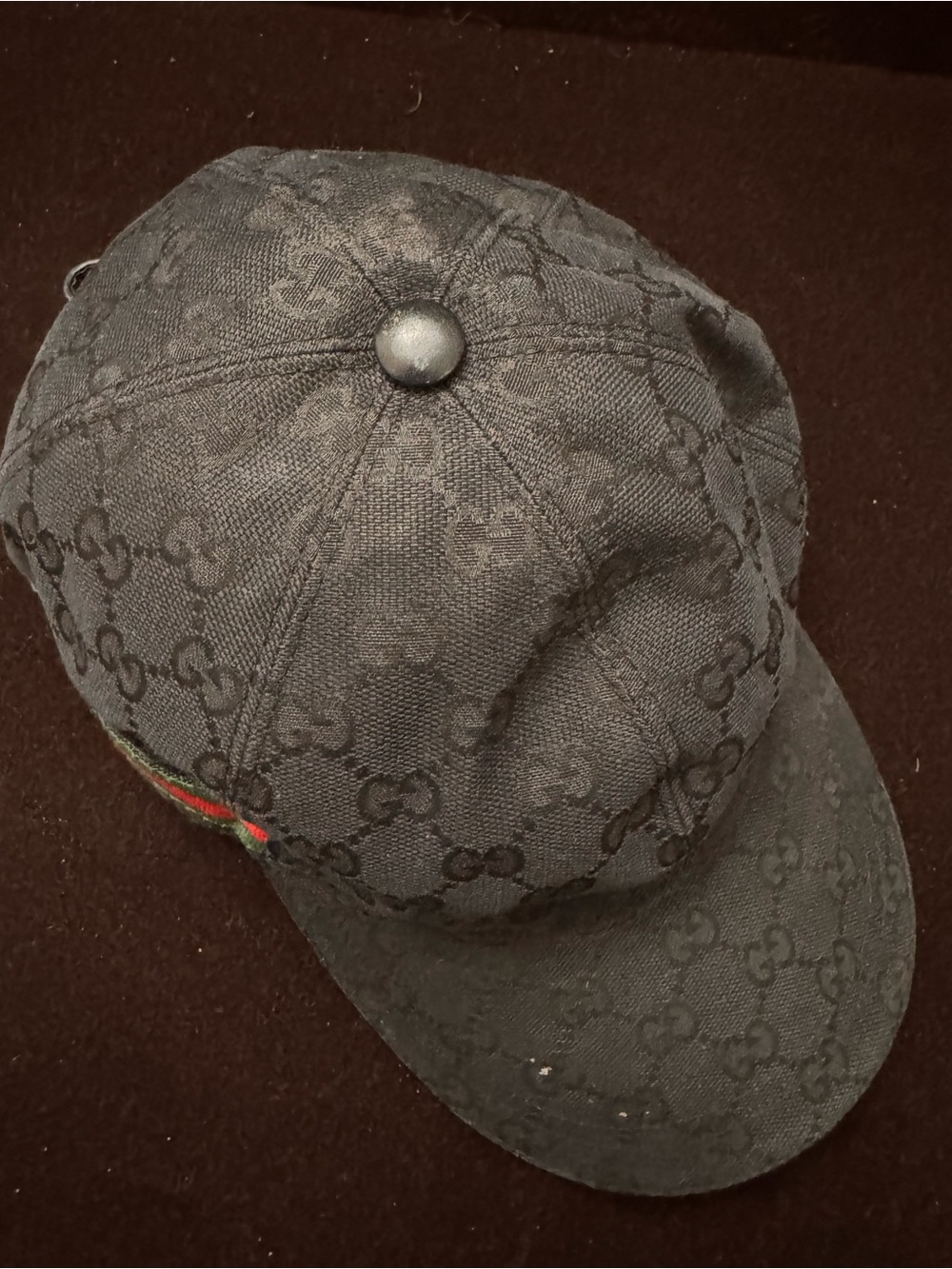 Gucci Black Monogram GG Canvas Baseball Cap with Red-Green Web